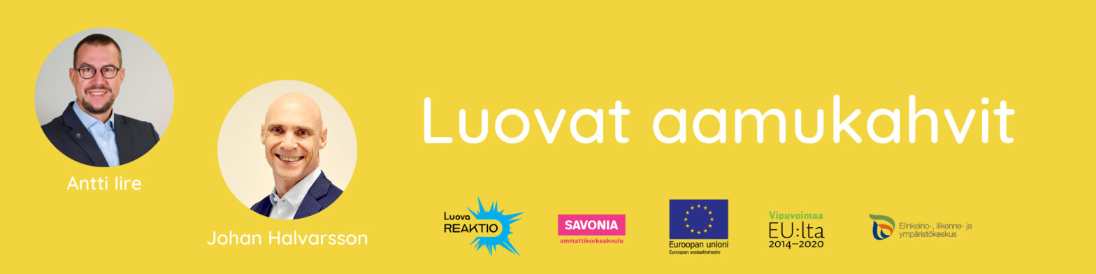 Kuvassa keltaisella pohjalla Antti Iiren j Johan Halvarssonin kuvat sekä teksti luovat aamukahvit.