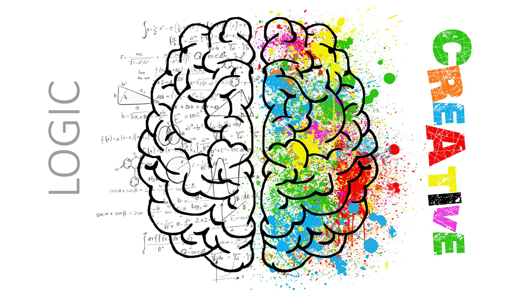 Kuvassa piirretyt aivot, jossa toinen puoli mustavalkoinen ja toinen puoli värikäs.